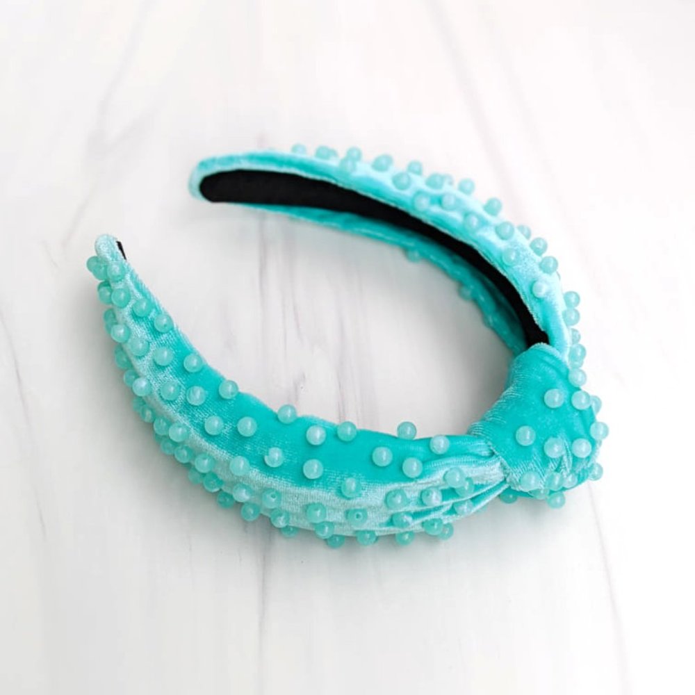 Tiffany Blue Beaded Knot Velvet Headband Aqua Amazonite Acrylic Beads Handmade
